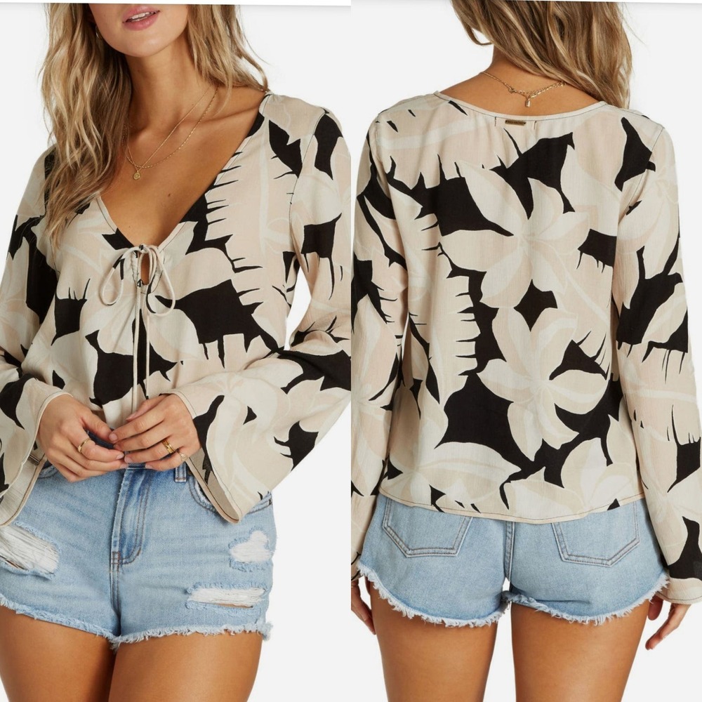 Billabong Tied And True Beige Black‎ Floral Print Bell Sleeve Baby Doll Top